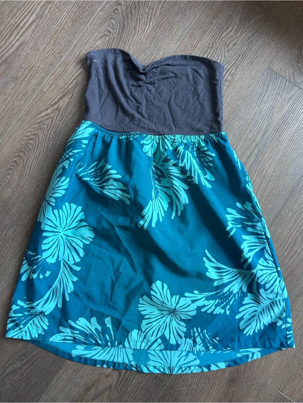 Roxy Strapless Teal Floral Sundress with Charcoal Bodice